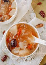 Snow Fungus Soup With Pears A Chinese Recipe The Woks Of Life Recipe Chinese Dessert Recipe Sweet Soup Chinese Dessert