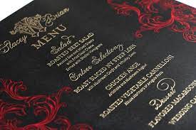 Black Red Gold Romantic Flourish Wedding Menu Http Dgdinvitations Com Gold Foil Thermography Embossing W Wedding Stationary Wedding Menu Invitations