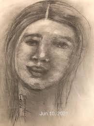 Appreciating a child's self-portrait drawn with a pencil