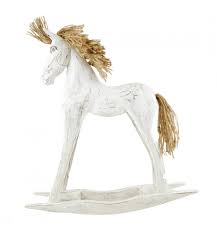 Un cheval à bascule en bois massif d'une grande qualité. Cheval A Bascule En Bois Patine Blanche Criniere En Fibres Vegetales 40cm