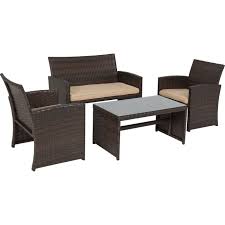 Find amazing value on complete patio sets under $500. Best Choice Products 4 Piece Wicker Patio Conversation Furniture Set W 4 Seats Tempered Glass Table Top Brown Beige Walmart Com Clearance Patio Furniture Outdoor Patio Furniture Sets Black Patio Furniture