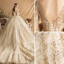 Luxury Gorgeous Gold Wedding Dresses 2019 Ball Gown Square Neckline Glitter Tulle Beading Sequins Crystal 3 4 Sleeve Backless Royal Train Gold Wedding Dress Ball Gowns Wedding Wedding Dresses