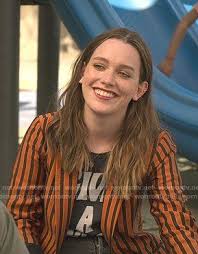 Love S Black Graphic Tee And Orange Striped Blazer On You In 2020 Victoria Women Celebrity Outfits