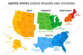 Census bureau census bureau regions and divisions with state fips codes region i: Map Of United States Split Into Census Regions And Divisions Region Definition Widely Used For Data Collection And Analysis Most Commonly Used Classification System English Illustration Vector Royalty Free Cliparts Vectors And