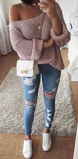 Fashion Trends One Shoulder Knit Sweater Plus Bag Plus Ripped Jeans Plus Sneakers Fall Trends Outfits Fashion Fall Outfits