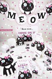 Kitty cat birthday party in a box, kitty cat birthday theme, kitty cat birthday supplies, pink gold birthday decor, pink white napkins. Cat Themed Birthday Party Printable Set Girl Black White Press Print Party