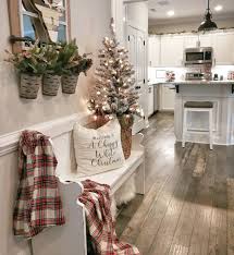 Farmhouse Christmas Entryway Decor Flocked Tree White Pew Bench Red Plaid Blanket Chippy White Winter Home Decor Christmas Kitchen Decor Christmas Entryway