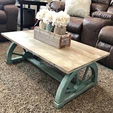 Light blue painted coffee table with stained top from dear lillie. Chalk Painted Vintage Wagon Wheel Coffee Table Rustic Home Funiture Country House Decor Coffee Table Farmhouse Home Decor Rustic Country