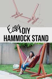 A free standing hammock chair is hung from a solitary point above the chair. 15 Adorable Gardening Furniture Projects With Wood Diy Hammock Diy Garden Furniture Wooden Hammock Stand