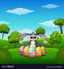 Illustration Of Cartoon Rabbit Laughing With Five Decorated Easter Eggs In The Park Download A Free Preview Or Hi Rabbit Cartoon Easter Egg Decorating Cartoon