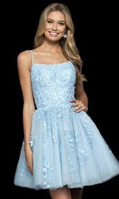 Sherri Hill 53985 Lace Appliqued A Line Cocktail Dress Light Blue Cocktail Dress A Line Cocktail Dress Dresses