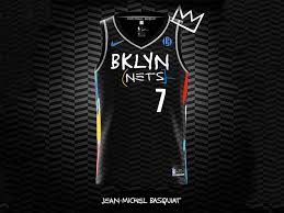 Above the player names on the back of the jersey is the nets' secondary logo, a b in a basketball player numbers are thin and sans serif, similar in style to the brooklyn script across the jersey front as for the shorts, it's a continuation of the side stripe with the primary logo (sans brooklyn script below) at the bottom Brooklyn Nets Debut Jean Michel Basquiat Inspired Jerseys