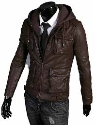 Men Leather Jacket Men Brown Fabric Hooded Leather Jacket Leather Jacket With Hood Leather Jacket Men Leather Jacket