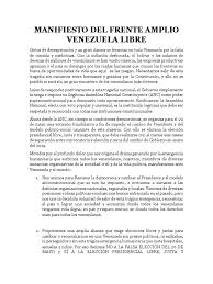 Julio 14 2021, 6:23 pm. Manifiesto Del Frente Amplio Venezuela Libre Venezuela Democracia