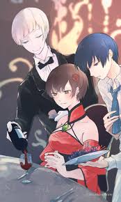 rose, drinking glass, holding plate, open collar, black bowtie - Anime R34