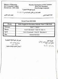 توزيع منهج اللغة الإنجليزية للصف الأول الثانوي ترم ثاني 2020