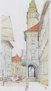 Ljubljana City Centre Slovenia Architectural Illustration Watercolour Sketch Www Nickhirst Co Uk Watercolor Architecture Landscape Sketch City Sketch
