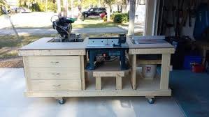 Workbench Including Table Saw Miter Saw Router 3 Drawers And Shelves Still Plan To Add Dust Co Woodworking Plans Workbench Woodworking Workbench Workbench