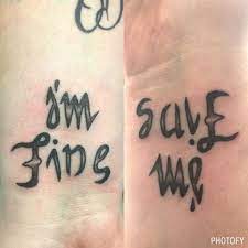 When other people look at her leg, it says i'm fine.. My Ambigram Im Finesave Me Save Me Tattoo Ambigram Tattoo Sharpie Tattoos