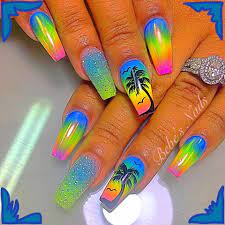 Tropical Coffin Nails Bright Nails Blue Yellow Green Coffin Nails With Palm Tree Tree Nails Palm Tree Nails Coffin Nails Designs