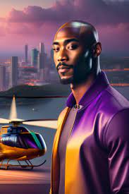Lexica - Arafed man standing in front of a helicopter with a city in the  background, portrait of kobe bryant, promotional movie still, inspired by  Ru...