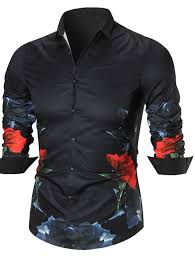 Black And Red Dress Shirt Mens Long Sleeve Flower Print Shirt Cool Shirts For Men Mens Shirt Dress Mens Printed Shirts