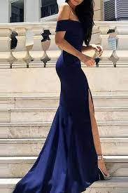 Dark Blue Off Shoulder Split Sleeveless Evening Dress Prom Dress With Train Trendy Prom Dresses Satin Prom Dress