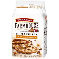 Come for the milk chocolate and toffee, stay for the almonds. Upc 014100048534 Pepperidge Farm Farmhouse Thin Crispy Toffee Milk Chocolate Cookies 6 9oz Upcitemdb Com