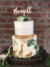 Animal Safari And Dino Botanical Cake Green And Gold Safari Baby Shower Cake Shower Cakes Baby Shower Cakes