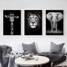 Giraffe Lion Elephant Black White Artwork Animal Canvas Paintings Animal Canvas Canvas Painting