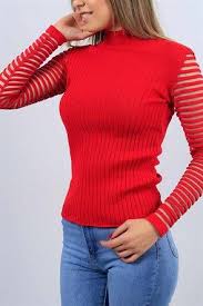 Kol Detayli Kirmizi Yarim Bogazli Bayan Kazak9132b Moda Stilleri Kadin Giyim Triko