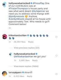Larsa, 45, was one of the first to find out about the infamous kiss after being tipped off by her friend jason lee at hollywood unlocked. Jenna Amatulli On Twitter Khloe Kardashian Confirmed That Tristan Thompson Cheated On Her With Jordyn Woods Via An Instagram Comment 2019 Is Wild Https T Co Vlkyv1q1mp