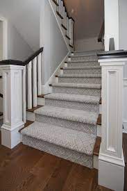 Gray And Light Blue Patterned Carpeted Staircase Home Stairs Design Grey Stair Carpet Stairway Carpet