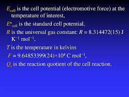 Can be related to the gibbs energy change under standard equations via: Electrochemistry Online Presentation