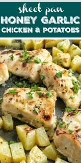 Oven Baked Honey Garlic Chicken Potatoes Honey Garlic Chicken Sheet Pan Recipe In 2020 Sheet Pan Meals Chicken Baked Honey Garlic Chicken Honey Garlic Chicken