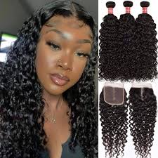 10a Brazilian Water Wave Bundles with Lace Closure Human Hair Water Wave  Bundles with 4x4 Closure Middle Part Wet and Wavy Curly Closure and Bundles  ...