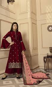 $ 129 dark burgundy ~ maroon ~ wine color~wine 2or3 buttons style dress suits for online Inspiring Maroon Color Rangoli Satin With Embroidery Stone Work Plazo Suit