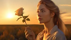 Beautiful young woman holding a rose in the field at sunset