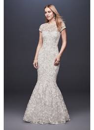 Long lace lantern sleeves simple mermaid wedding dress. High Neck Metallic Lace Mermaid Wedding Dress David S Bridal