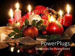 Powerpoint Template Christmas Holiday Theme With Ornaments Pine Branches Tinsel Ribbon And Candles Black Background 7153