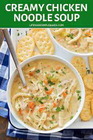 This Thick And Creamy Chicken Noodle Soup Is The Perfect Cozy Meal For A Cold W Creamy Chicken Noodle Soup Soup Recipes Chicken Noodle Chicken Noodle Soup Easy