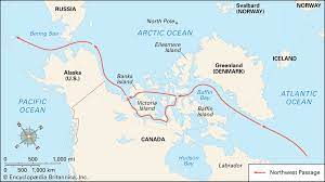 Ships traveling west would enter the passage through baffin bay, pass through the canadian arctic archipelago by various routes, exit into the beaufort sea and then out into the pacific ocean through the chukchi sea and bering sea. Hv P Zmedvefdm