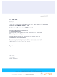 While not required, employers may find it helpful to provide employees with a communication letter addressing their decision. Promotion Letter To Employee Pdf Templates Jotform