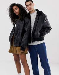 Collusion Unisex Faux Leather Bomber With Borg Collar Asos Embellished Bomber Jacket Faux Leather Bomber Metallic Bomber Jacket