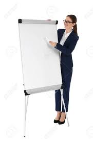 Professional Business Trainer Near Flip Chart Board On White