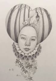 Suite of 4 drawings: Heart, Club, Spade & Diamond by Chikako Okada