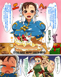doboshiru, cammy white, chun-li, guile, capcom, street fighter, translated,  1boy, 2girls, beret, birthday, blonde hair, blue eyes, blush, braid, brown  eyes, brown hair, cake, chibi, china dress, chinese clothes, dog tags,  double