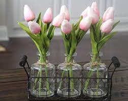 Farmhouse Decor Tulip Centerpiece Glass Bottle Centerpiece Country Cottage Arrangement Shabby Chic Tulip Centerpiece Flower Arrangements Simple Tulips In Vase