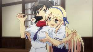 asuka (senran kagura), katsuragi (senran kagura), senran kagura, animated,  animated gif, screencap, 10s, 2girls, blonde hair, breasts, brown eyes,  brown hair, grabbing, grabbing another's breast, green eyes, large  breasts, multiple girls -
