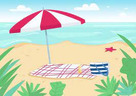 couverture et parasol sur la plage de sable plat couleur illustration serviette sac et bouteille de creme solaire pour bronzer vacances d ete paysage de des umbrella sun umbrella beach sand